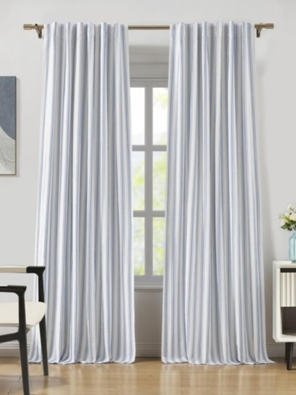 2 Curtain panels Blue Stripes on White Cotton Blend Light Filtering Fabric 55x95